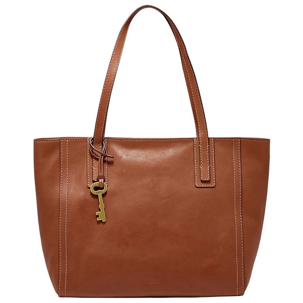 Fossil Emma Brown Leather Tote with Key Charm.